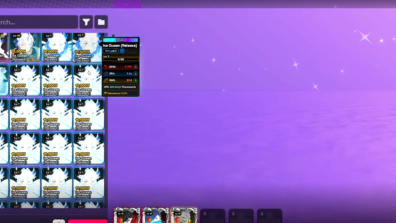Unit inventory tooltip listing level, damage, SPA, range and DPS for a highlighted unit