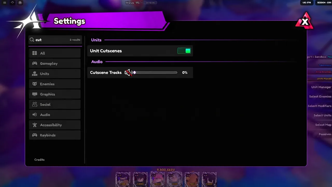 Settings menu with cutscene options, showing the Cutscene Tracks slider at zero percent