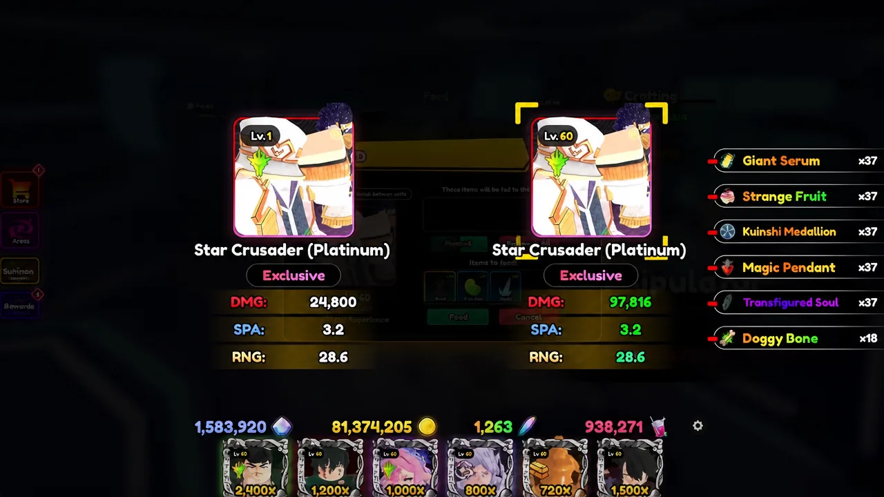 Upgrade screen feeding items into Star Crusader (Platinum) at Level 60