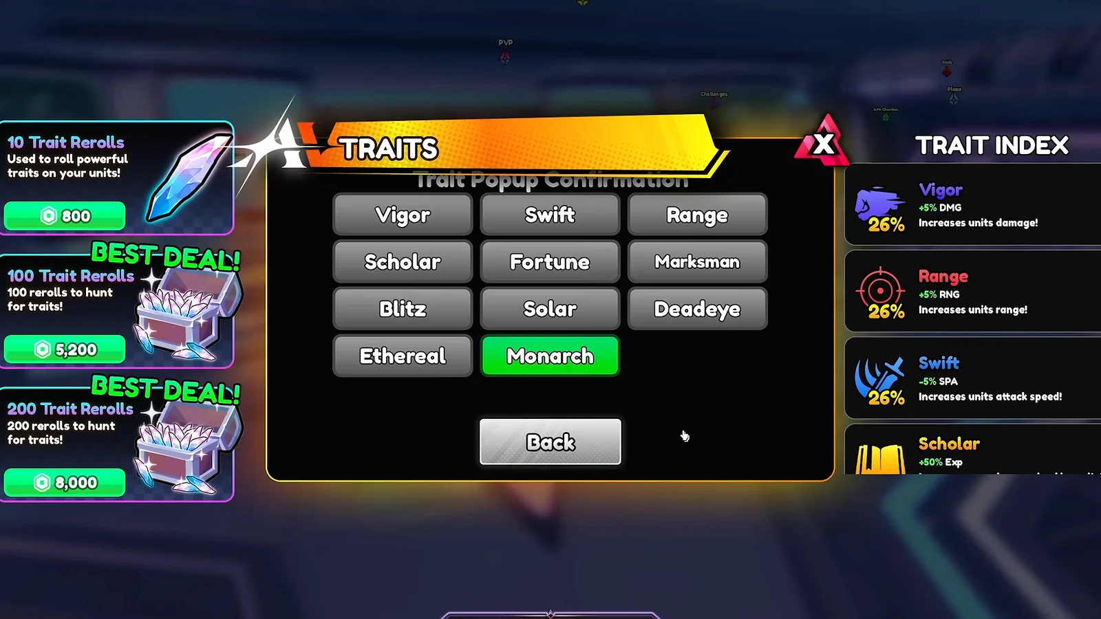 Trait reroll confirmation popup showing Monarch, with the Trait Index open beside it