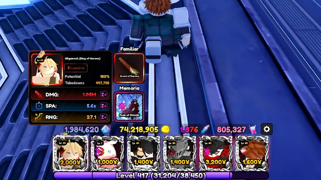Familiar menu with the Gilgamesh (King of Heroes) unit card selected and its stats shown