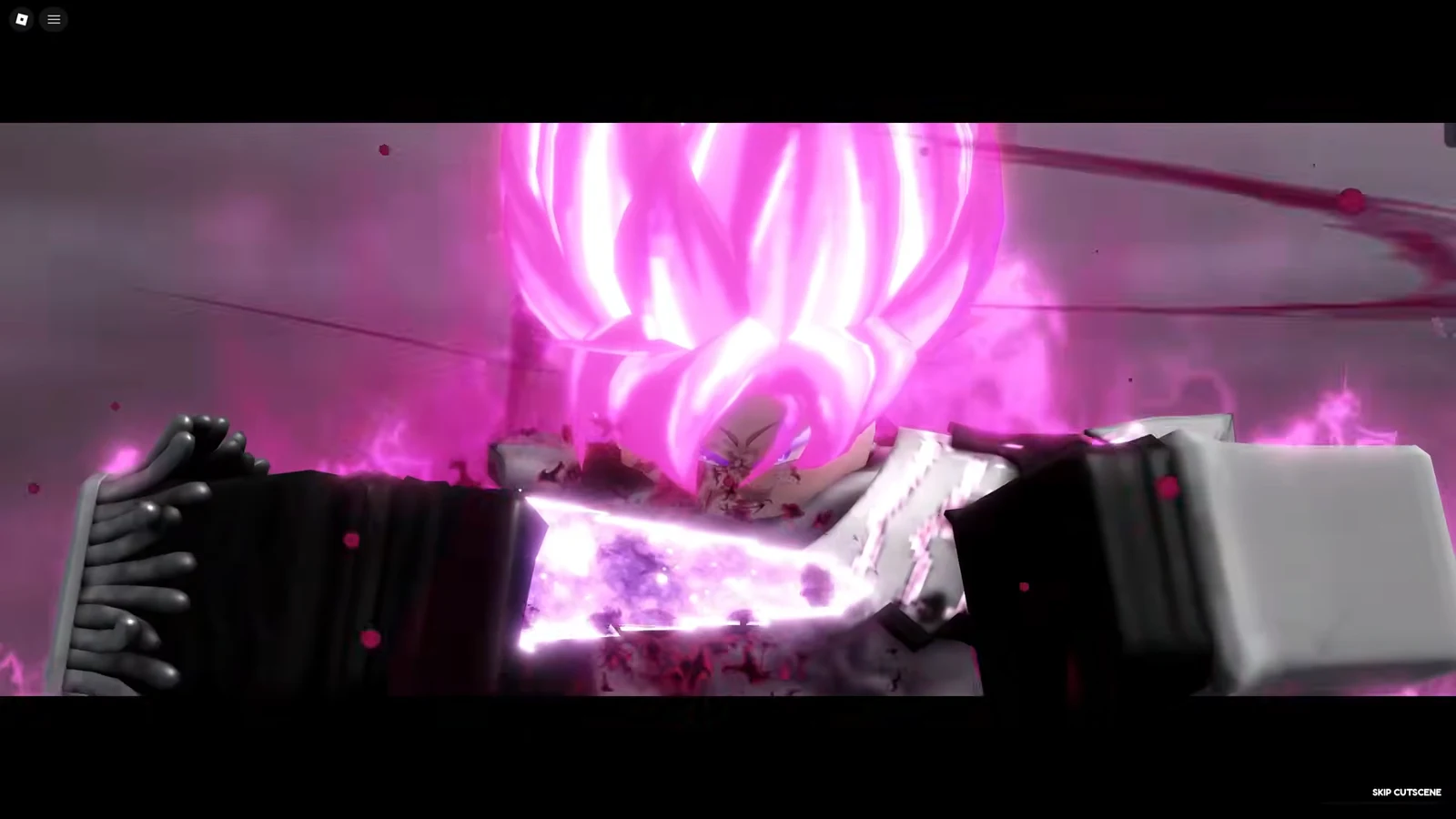 In-game cutscene of a restrained pink-haired character with the SKIP CUTSCENE button on screen