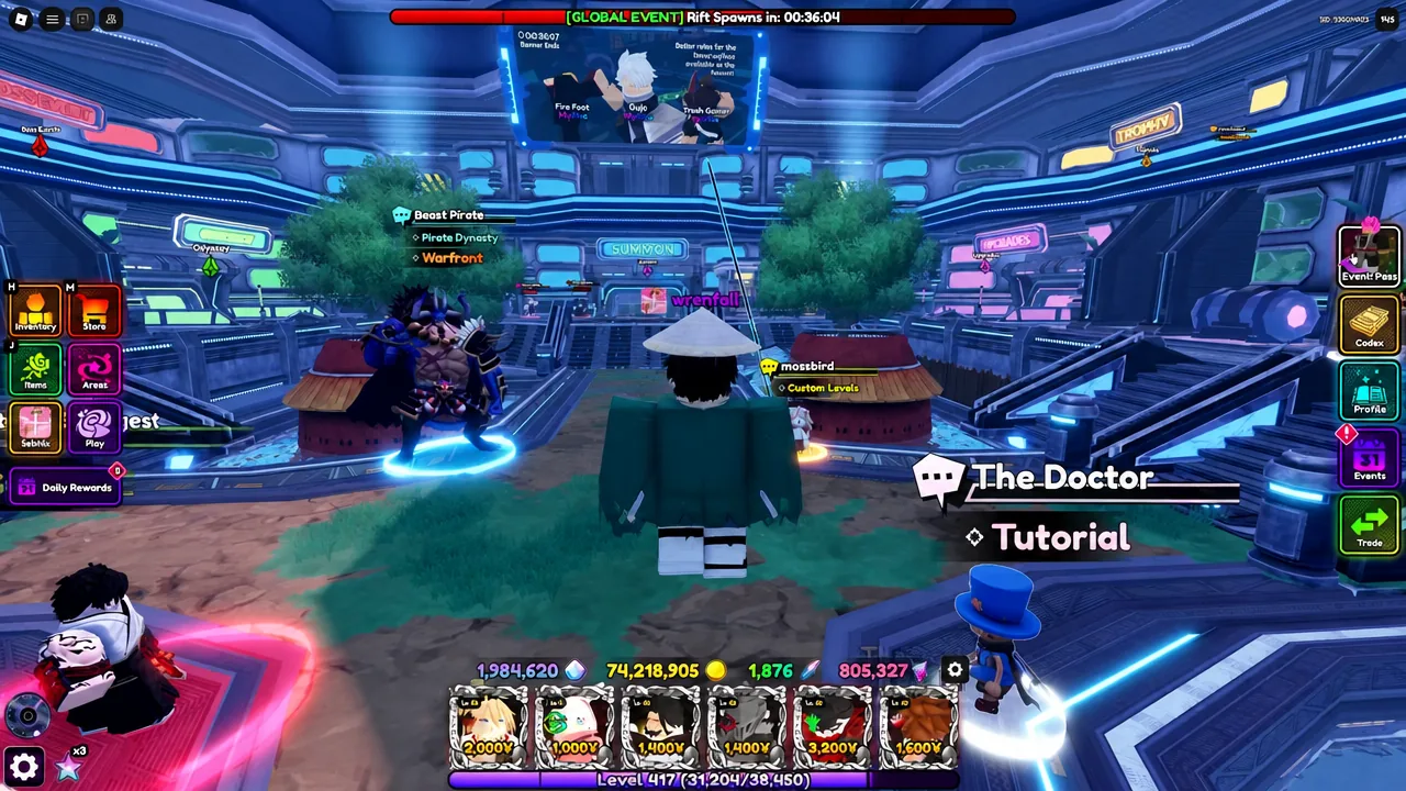 Lobby hub screen with The Doctor tutorial prompt highlighted in Anime Vanguards