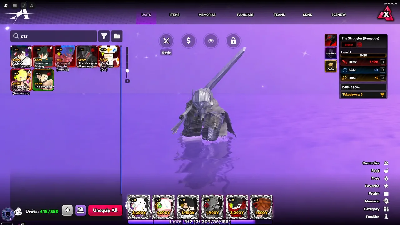 Units inventory screen showing a selected unit model with its stat block and trait