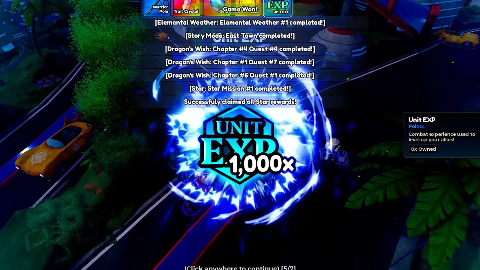 Post-run reward screen awarding 1,000x Unit EXP with a prompt to click anywhere to continue