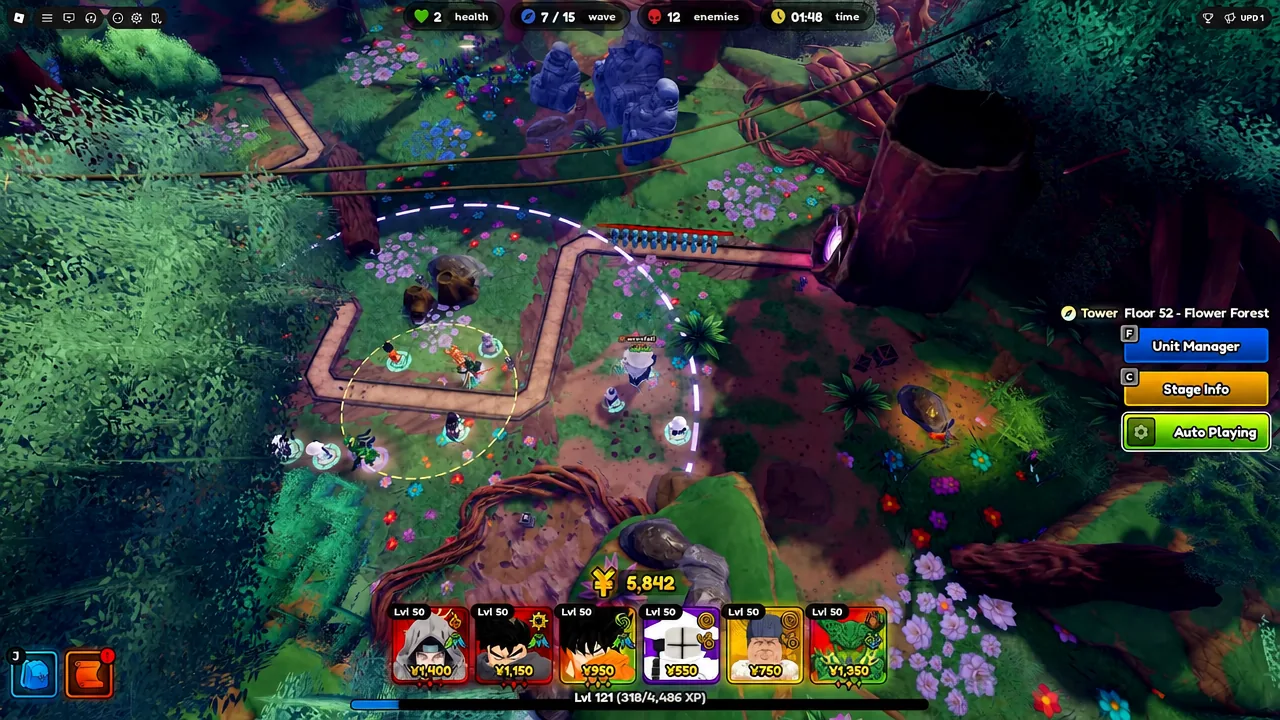 Tower Floor 52 in Flower Forest running with Auto Playing enabled and units defending the lane