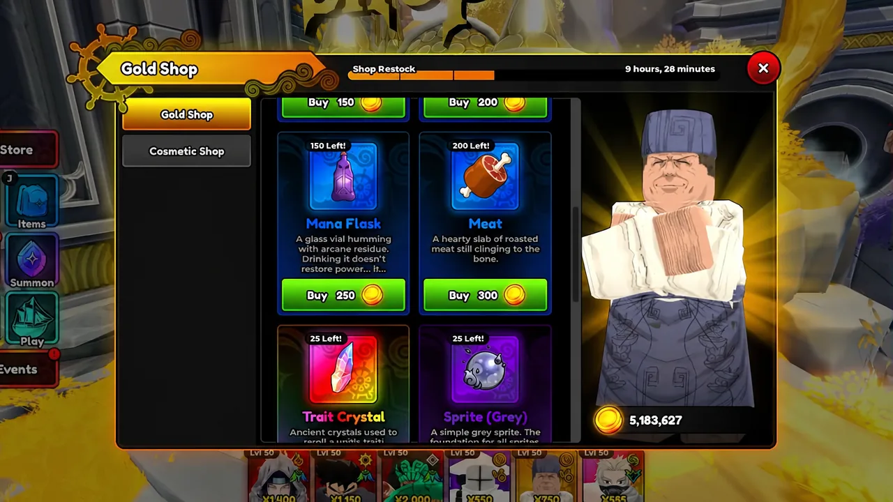 Gold Shop tab open showing purchasable items including Mana Flask and Meat with Buy buttons