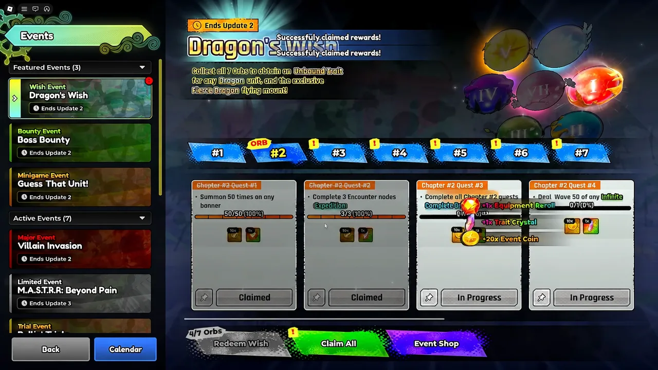Dragon's Wish tab open in the Events menu with the Claim All button collecting finished quest rewards