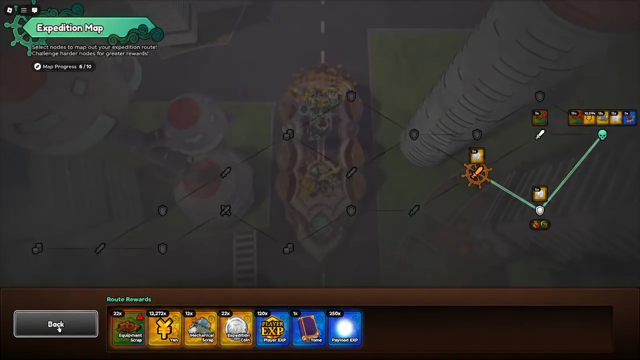 Expedition Map screen with the Back button highlighted after reviewing route rewards
