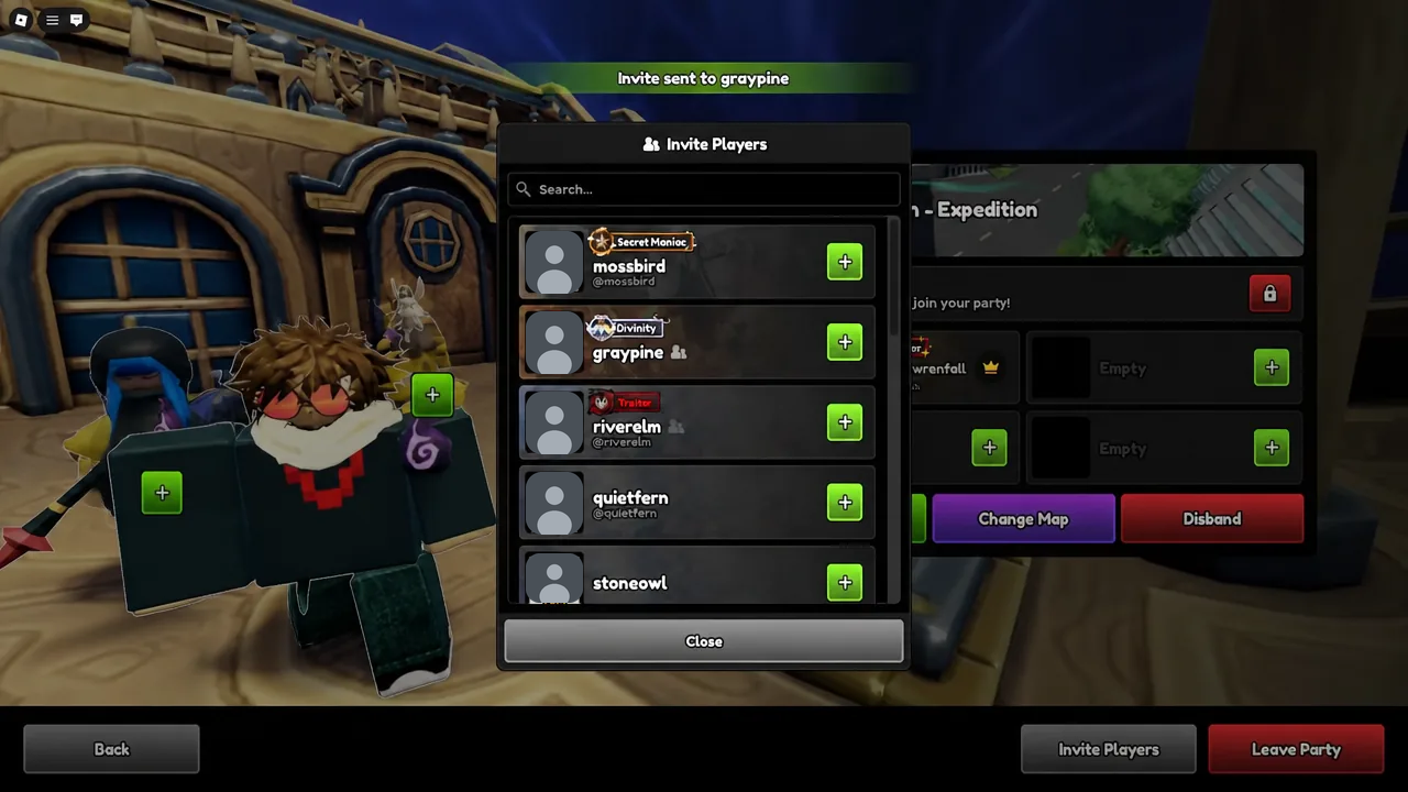 Invite Players dialog with the plus button used to send a party invite for the expedition