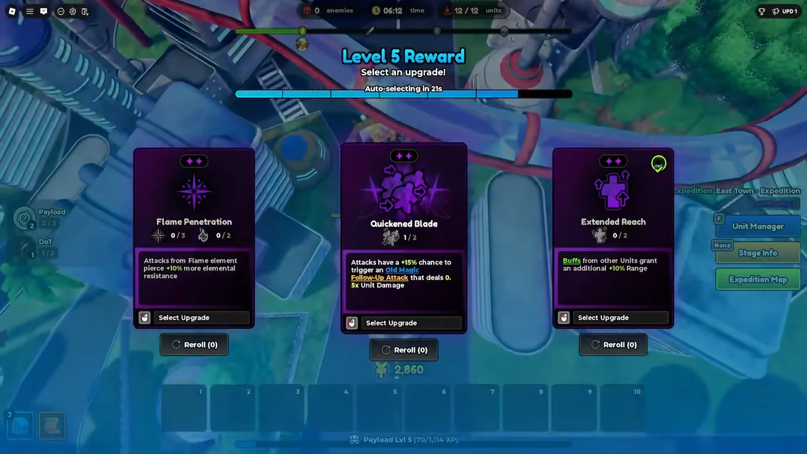 Level 5 Reward screen showing Flame Penetration, Quickened Blade, and Extended Reach options
