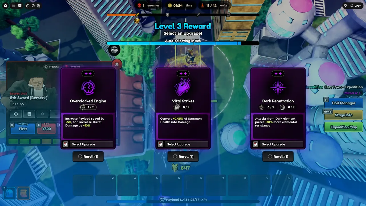 Level 3 Reward screen showing Overclocked Engine, Vital Strikes, and Dark Penetration cards