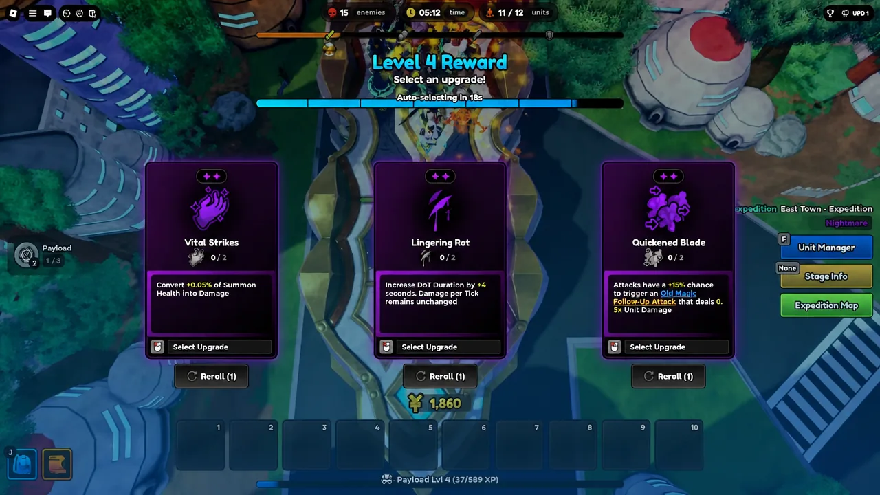 Level 4 Reward screen offering Vital Strikes, Lingering Rot, and Quickened Blade