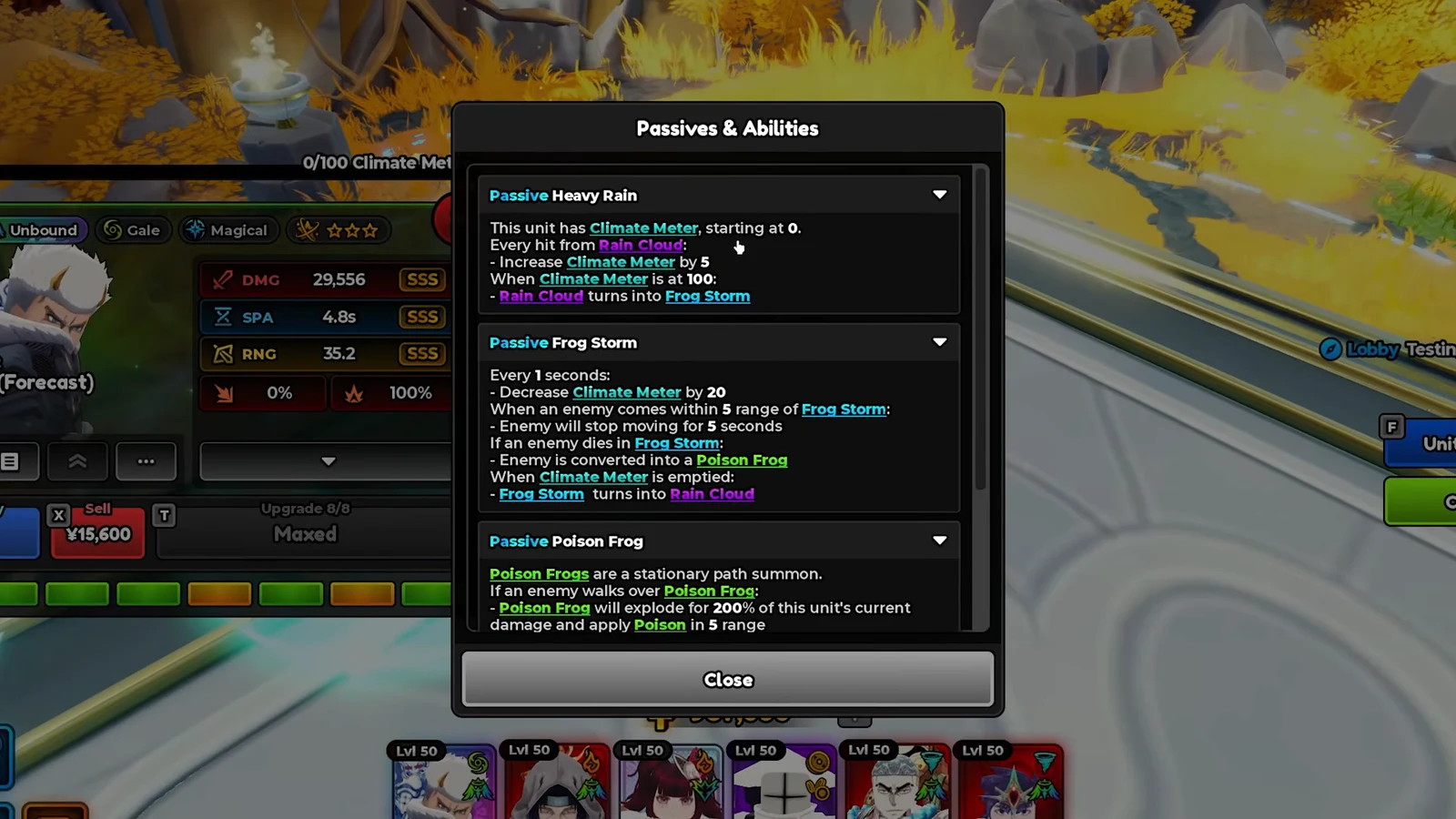 Passives and Abilities menu showing Rainman Heavy Rain, Frog Storm, and Poison Frog descriptions