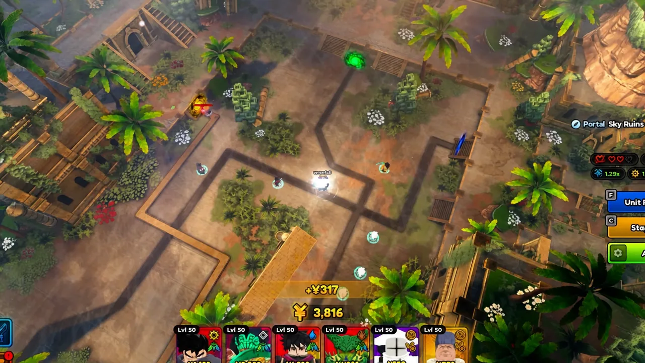 Sky Ruins battle in progress with deployed units defending the lanes and the Unit button on the right