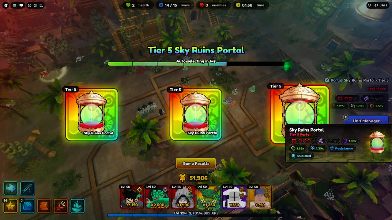 Portal selection screen with the Tier 5 Sky Ruins Portal card highlighted before launching the run
