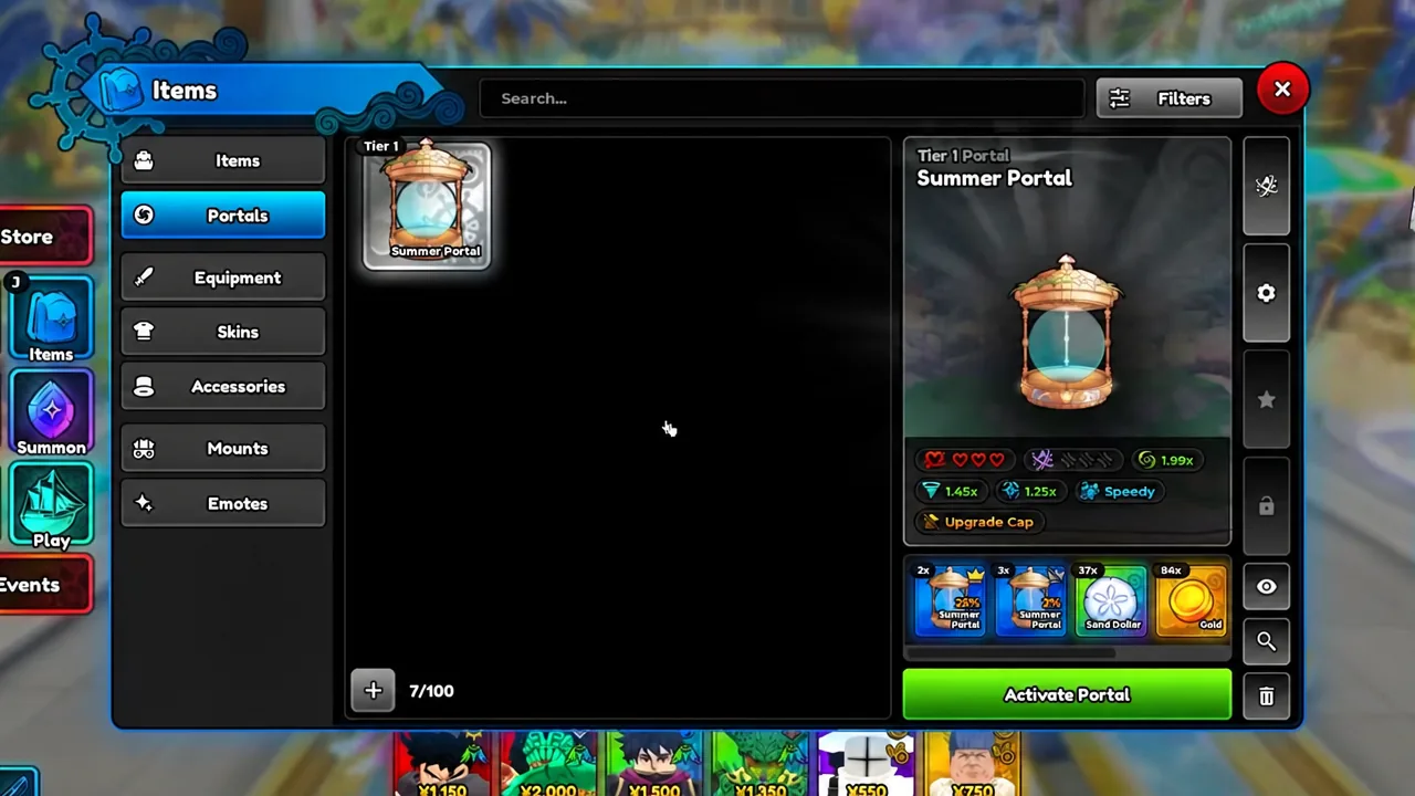 Items menu with the Portals tab open and a Tier 1 Summer Portal selected before activation