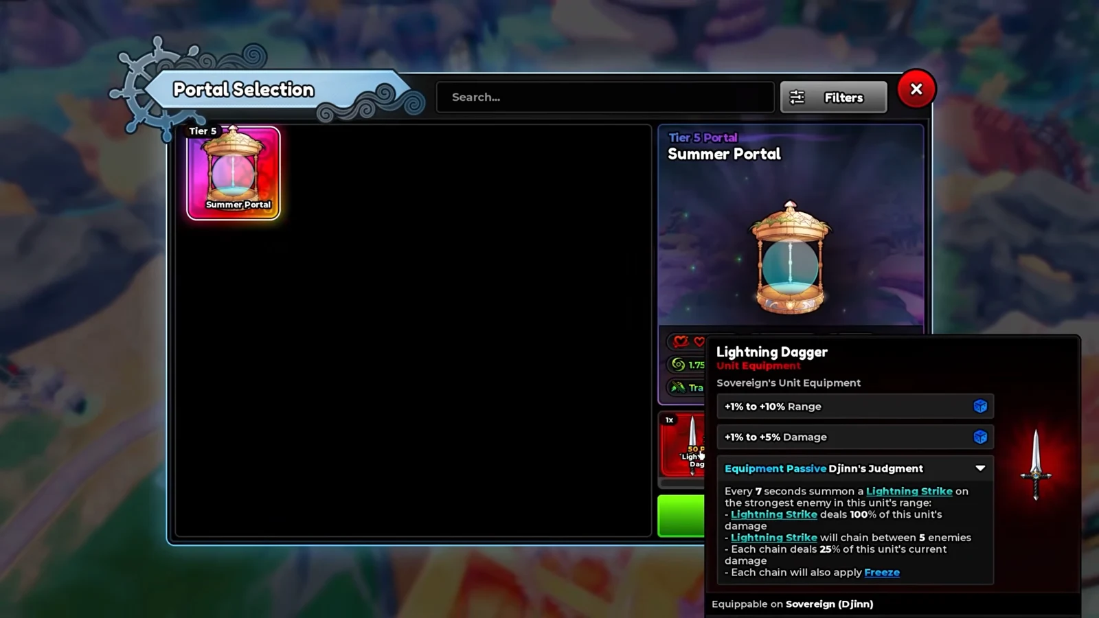 Portal Selection screen showing a Tier 5 Summer Portal with the Lightning Dagger equipment tooltip open