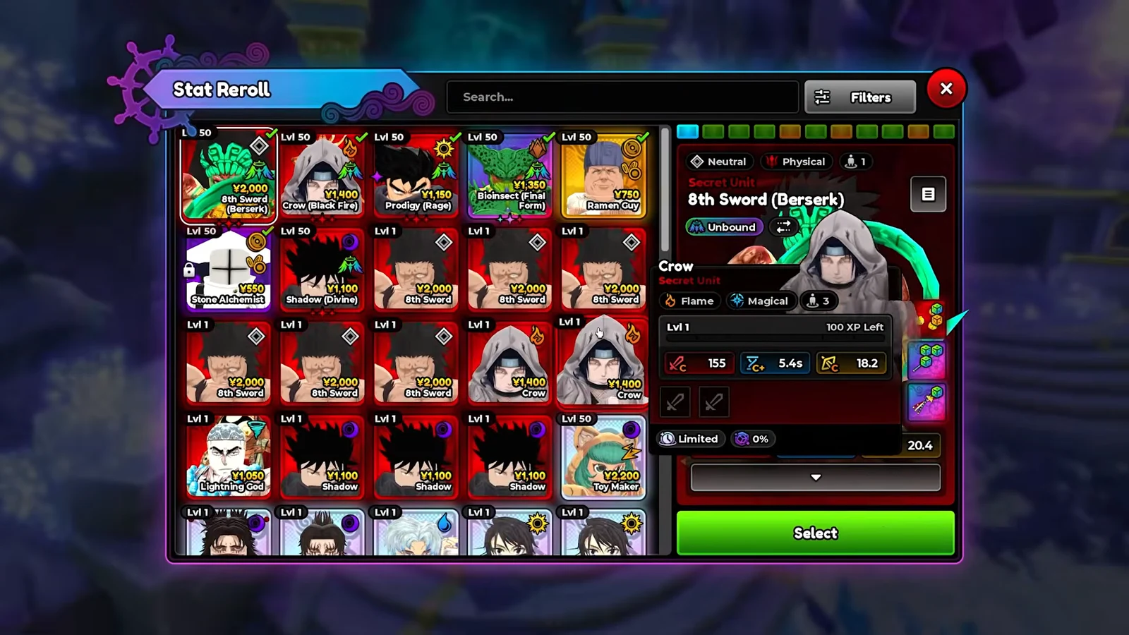 Stat Reroll station with the unit roster open and a unit's stat details shown before selecting