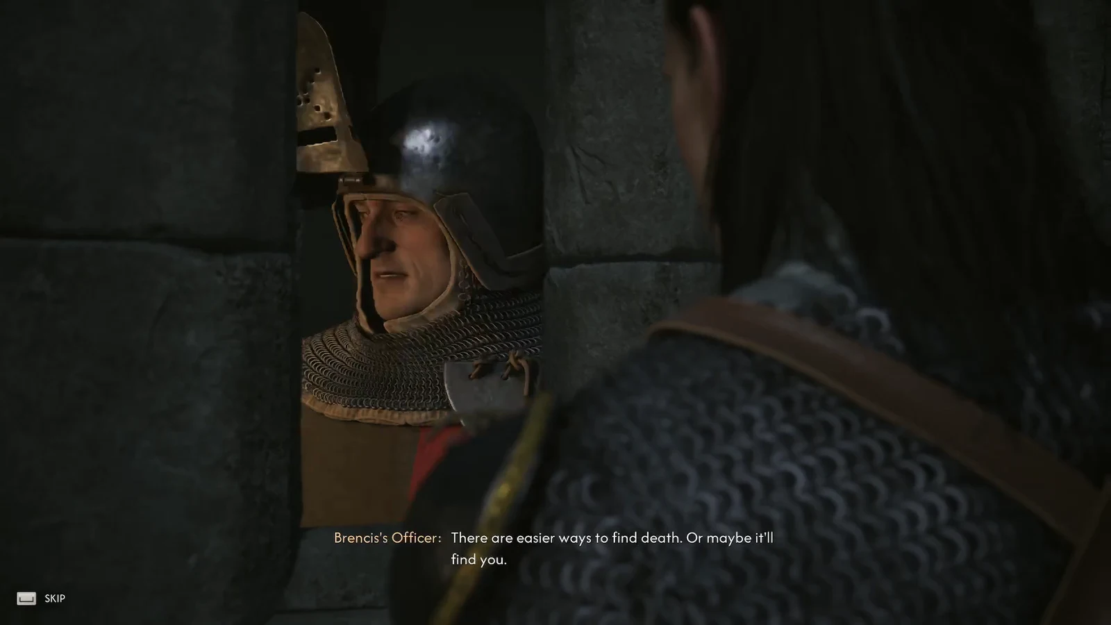 Brencis’s Officer speaking to Coen in a cutscene with a SKIP prompt on screen