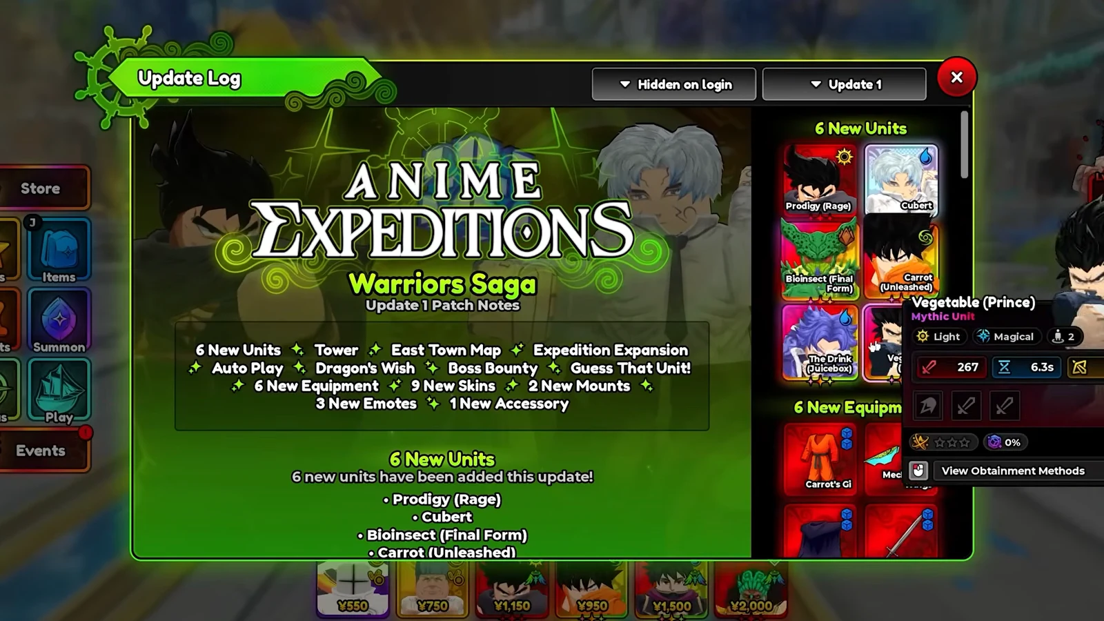 Warriors Saga Update 1 patch notes open next to the Vegetable (Prince) unit panel