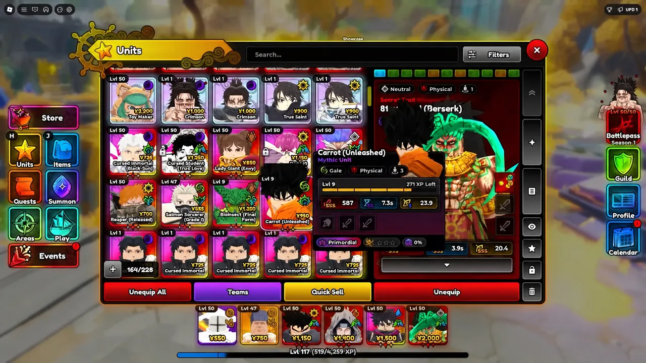 Carrot (Unleashed) selected on the Units screen showing traits, stats, and equipment slots