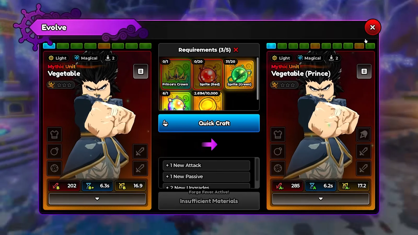 Evolve screen comparing Vegetable and Vegetable (Prince) with an Insufficient Materials warning