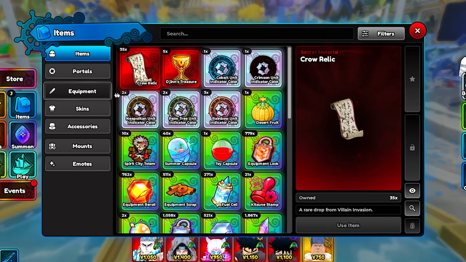 Items inventory open on the Crow Relic entry showing its owned count and Use Item button