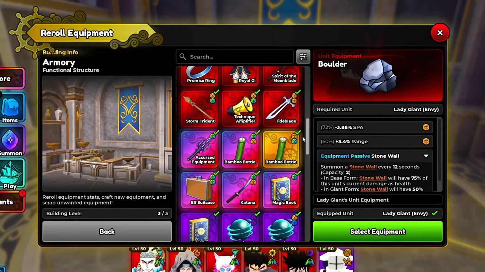 Reroll Equipment menu showing Boulder assigned to Lady Giant (Envy) with reroll options