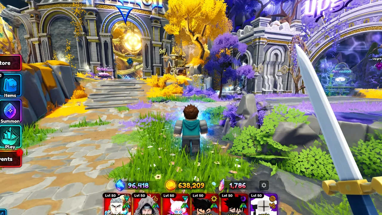 Anime Expeditions main hub courtyard with the Play button highlighted