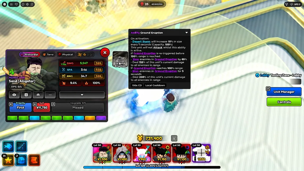 Sand (Alligator) unit panel with the Ground Eruption ability tooltip expanded
