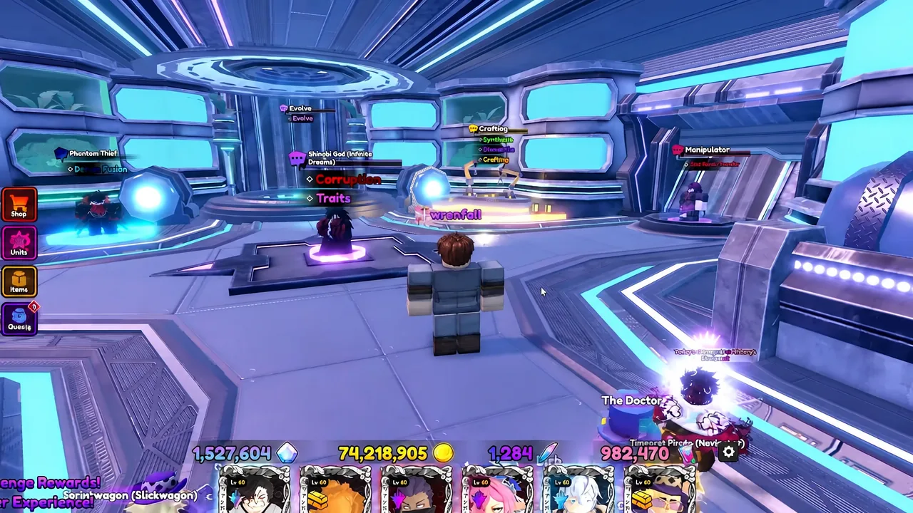 The player standing at the Crafting station in the Anime Vanguards lobby