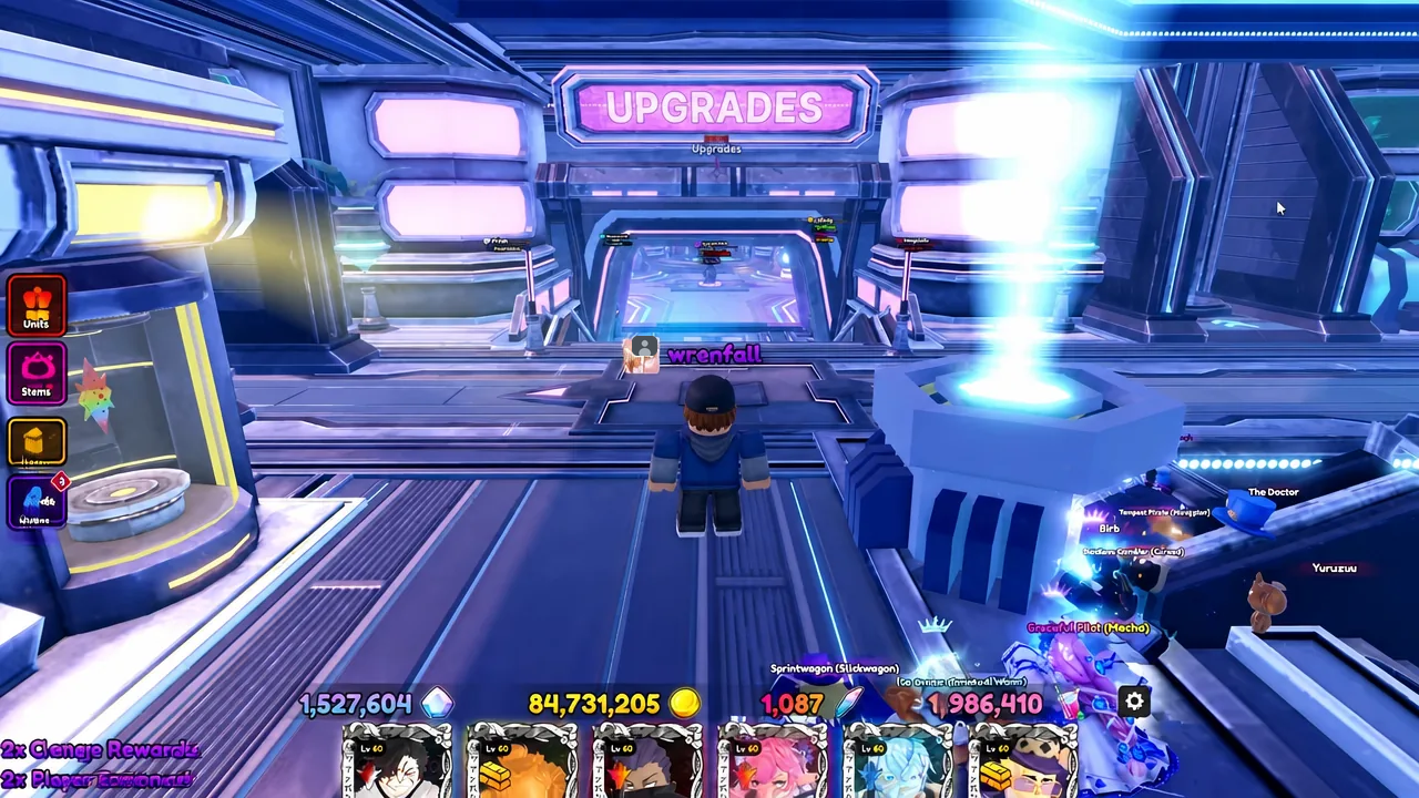The UPGRADES station sign highlighted as the player approaches to evolve a unit