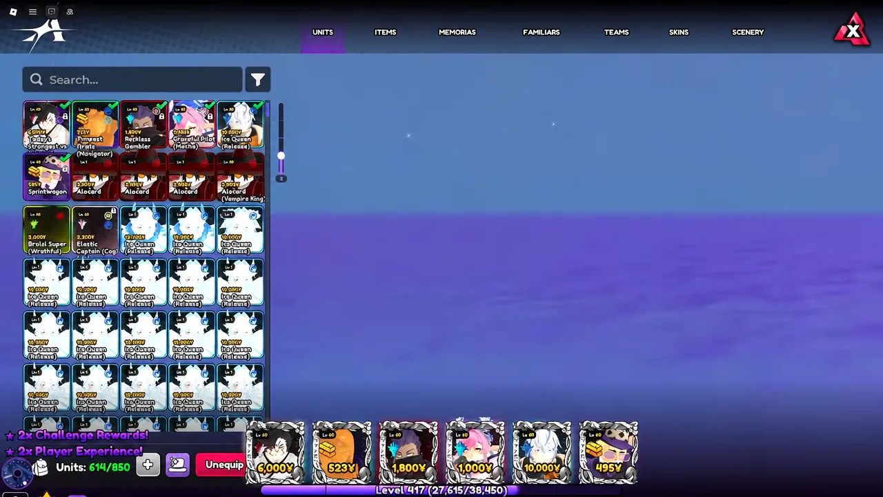 The Units tab open on the unit roster screen, used for rolling traits and equipping gear