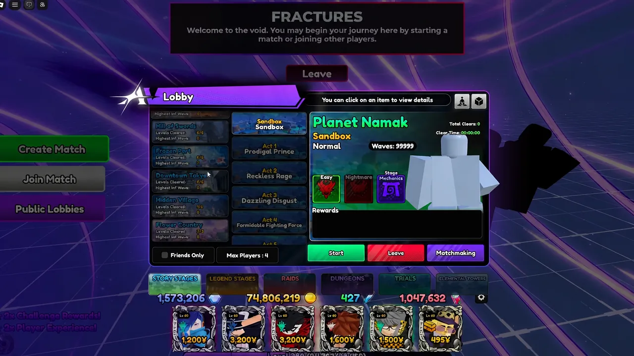 Lobby stage select with Sandbox chosen and Planet Namak details shown