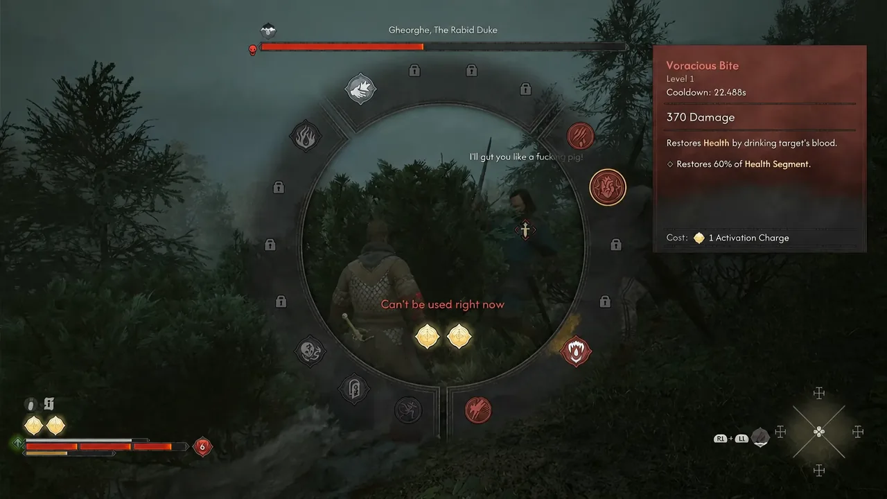 Ability wheel with Voracious Bite selected and a message reading Can't be used right now