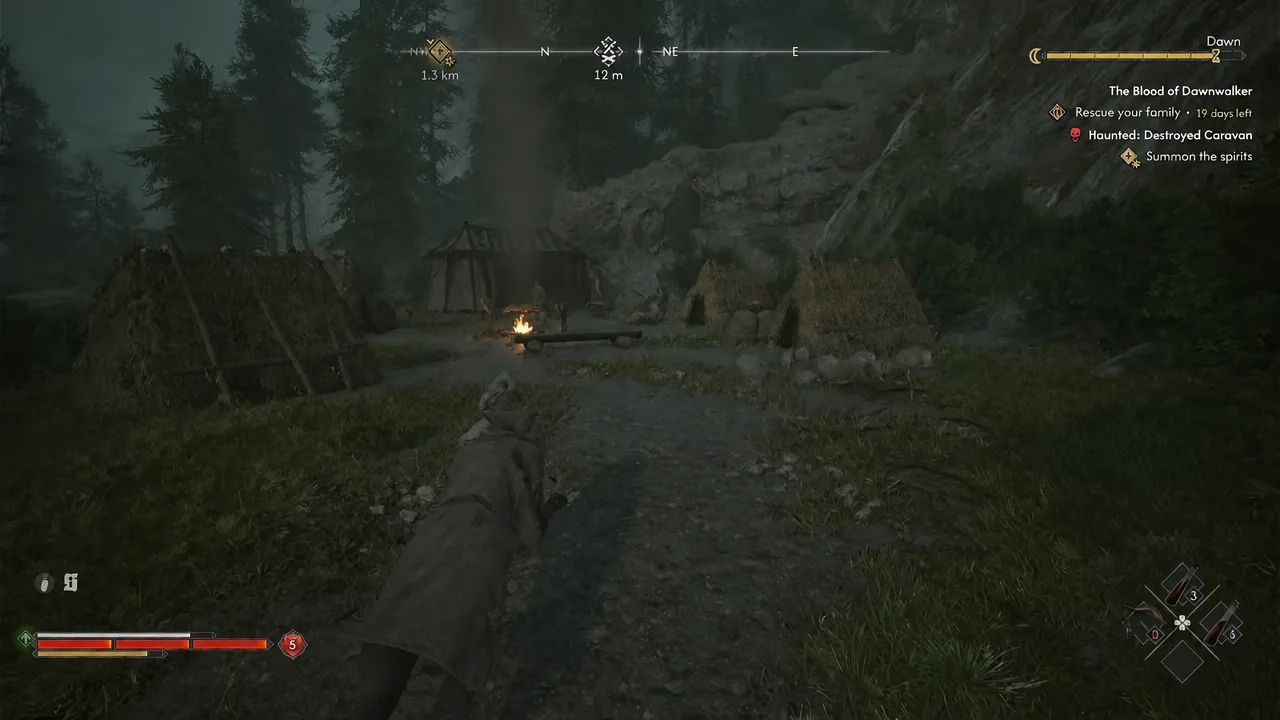 Quest HUD reading Haunted: Destroyed Caravan with a Summon the spirits objective as Coen nears the camp