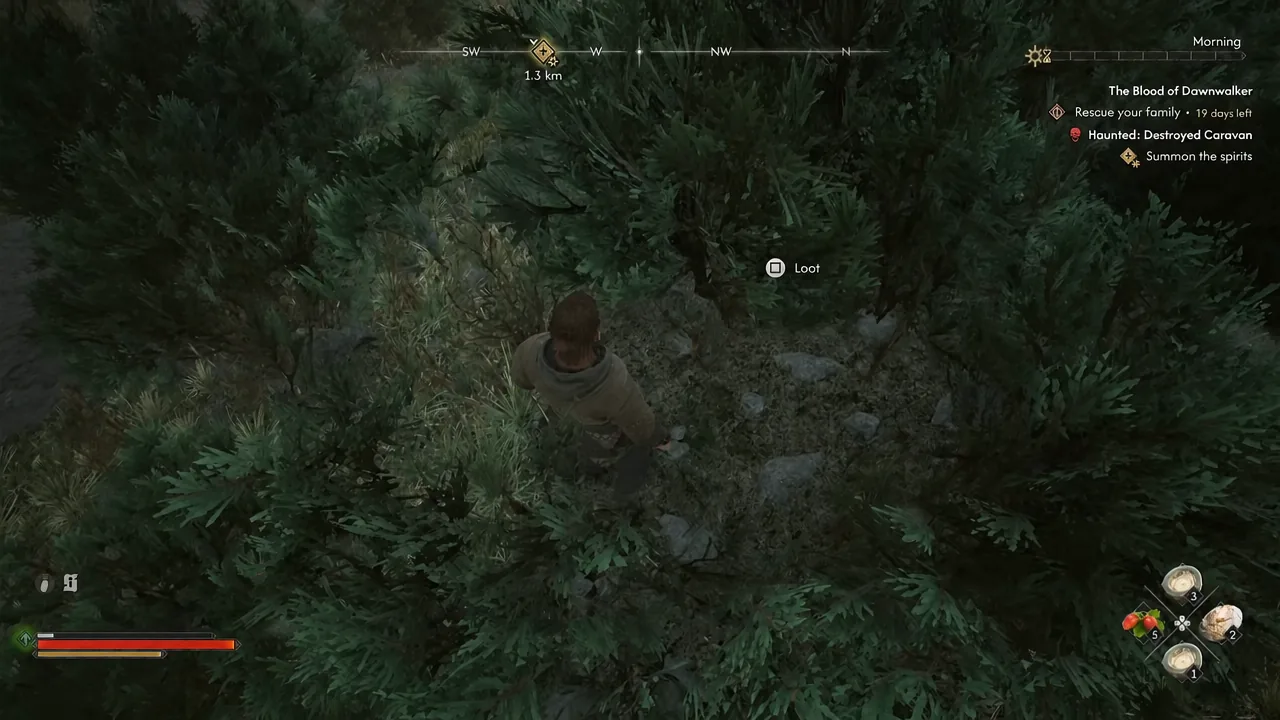 Loot interaction prompt shown over a body in the undergrowth at the bandit camp