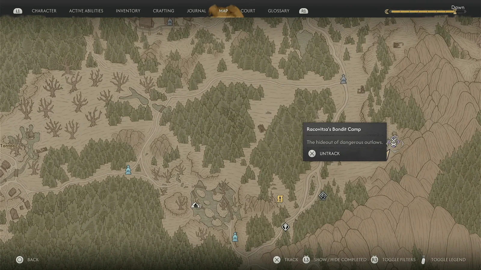 World map screen with Racovitza's Bandit Camp selected on the eastern edge of Vale Sangora