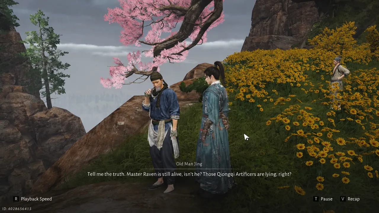 Old Man Jing talking to the player character, with subtitles mentioning Master Raven