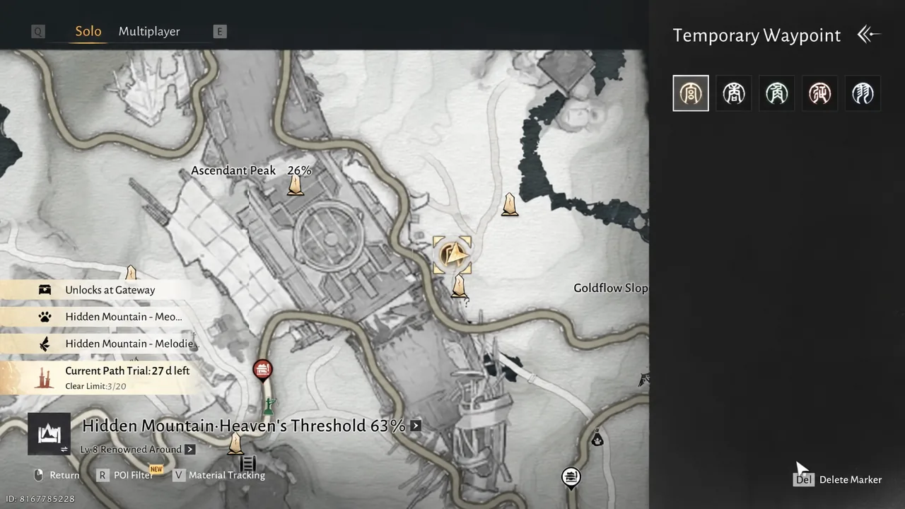 Temporary Waypoint menu open on the map with the first marker category selected