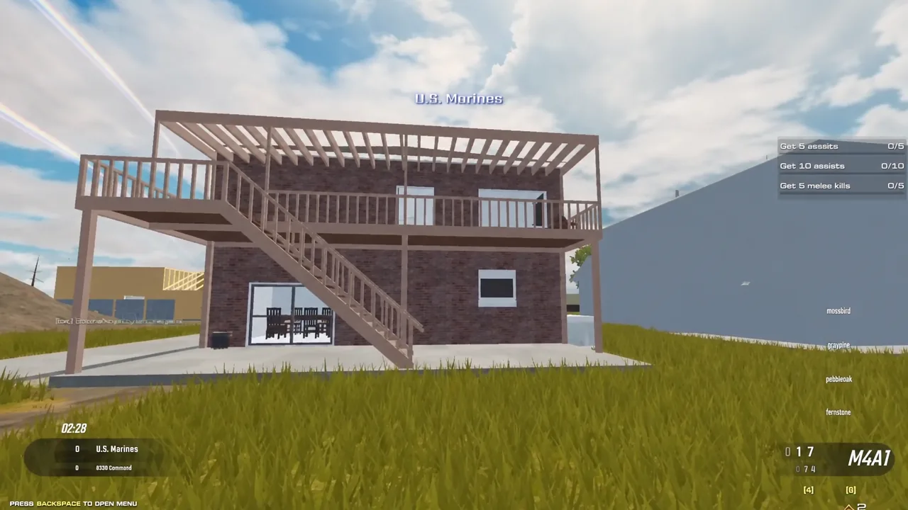 Spawning in as U.S. Marines with the default M4A1, facing one of the map's two-story houses.