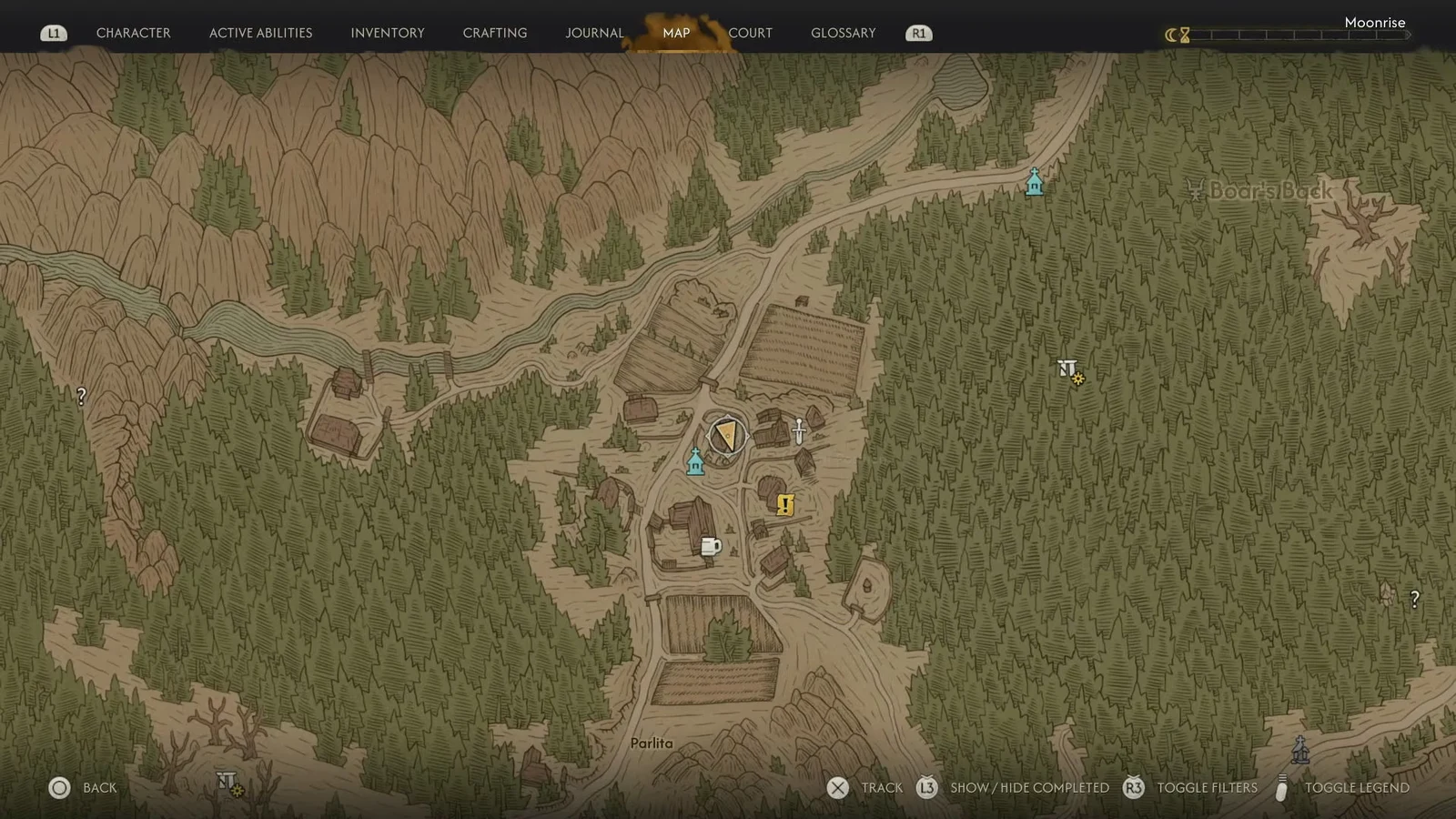 Map screen with a shield marker over the Parlita area during The Beast of Balaur
