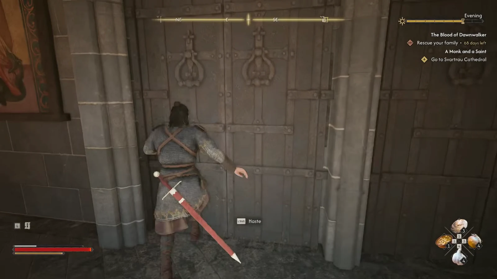 Coen sprinting up to the cathedral's large double doors with the Haste prompt on screen