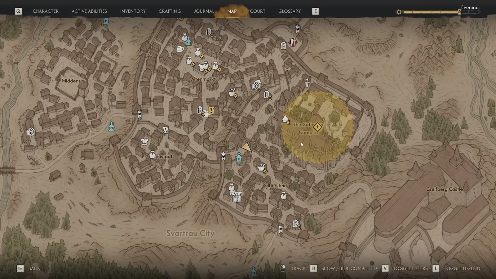 Map screen with the cathedral complex in Svartrau City picked out in yellow as a search area