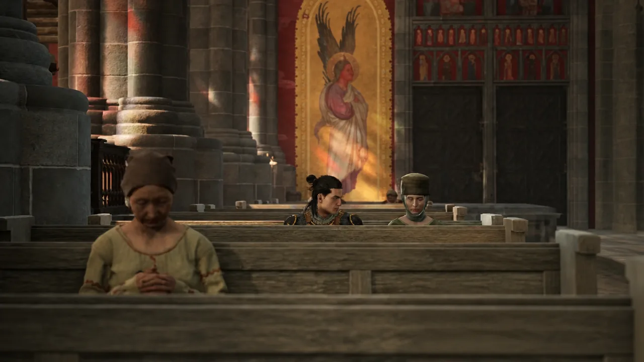 Cathedral interior with Coen seated on a pew beside a worshipper as a woman prays nearby