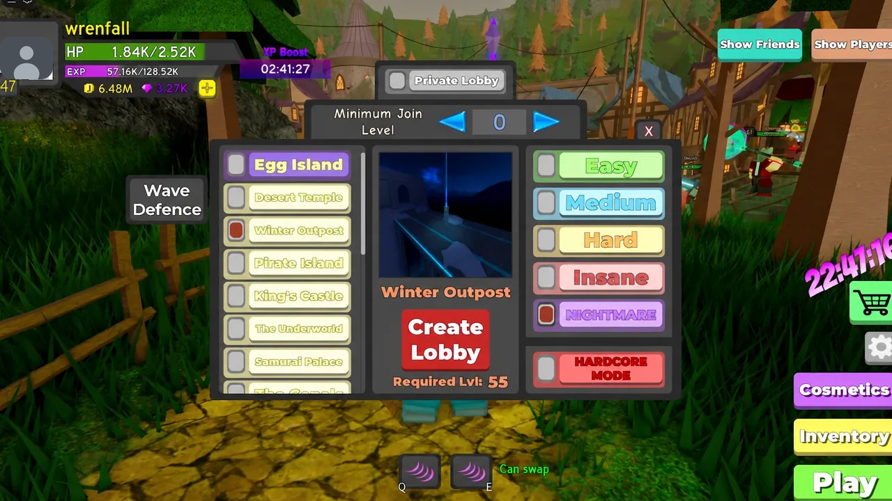 Private Lobby screen with Winter Outpost and Nightmare difficulty selected