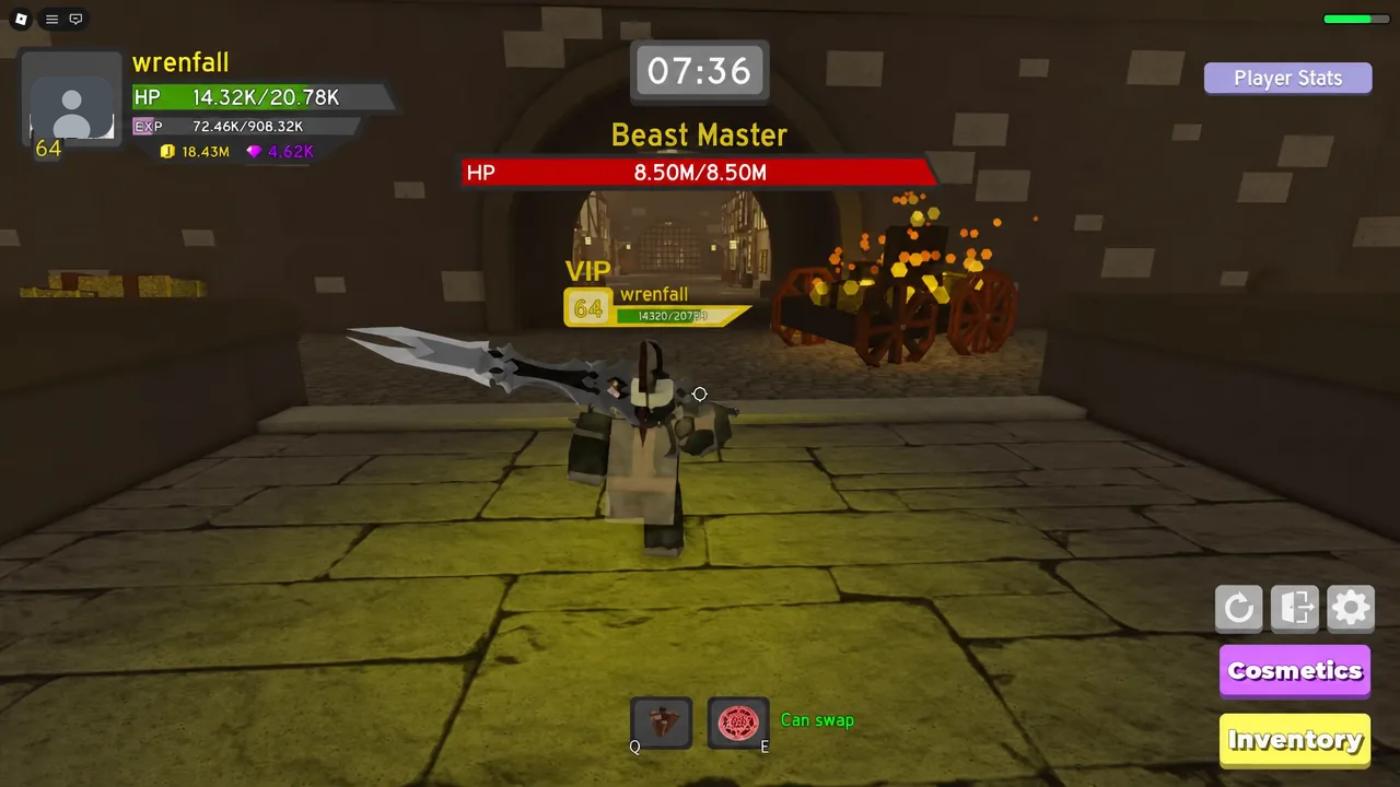 Beast Master boss fight in King's Castle with the yellow Inventory button on screen