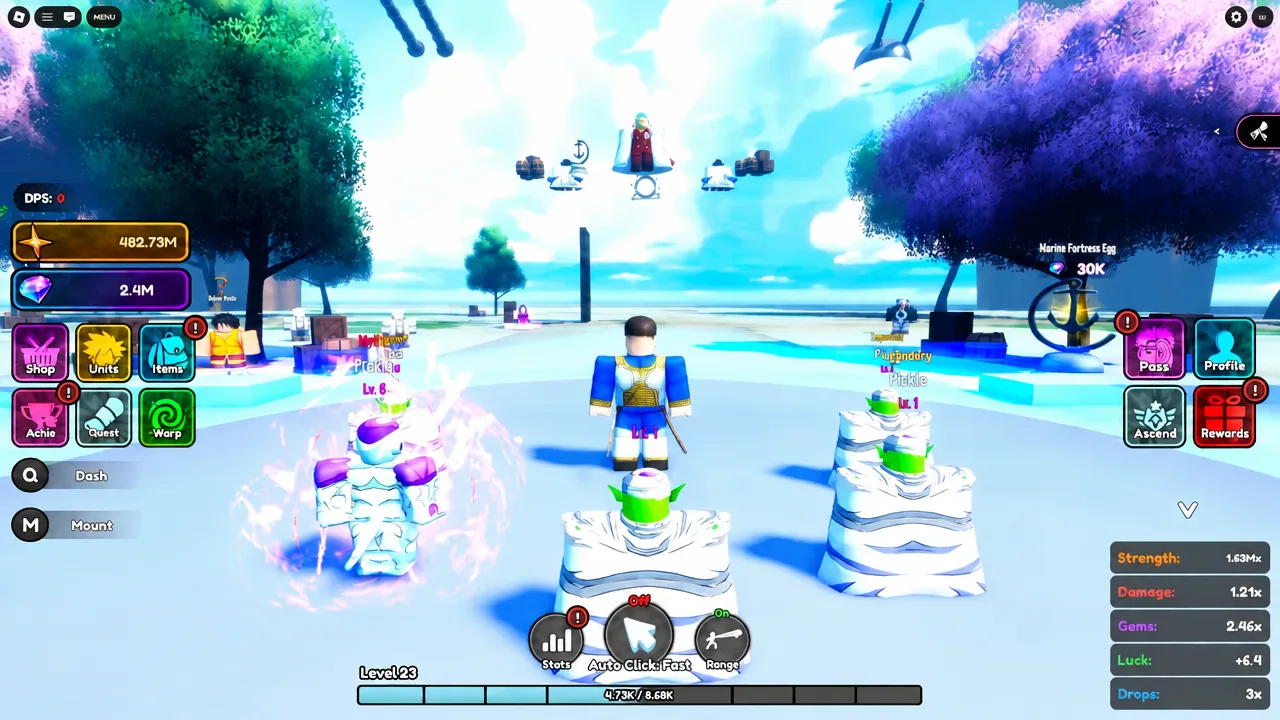 Player character surrounded by summoned champions with the Units button visible in the HUD