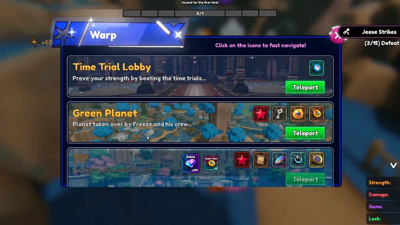 Warp screen with the Green Planet panel and its Teleport button